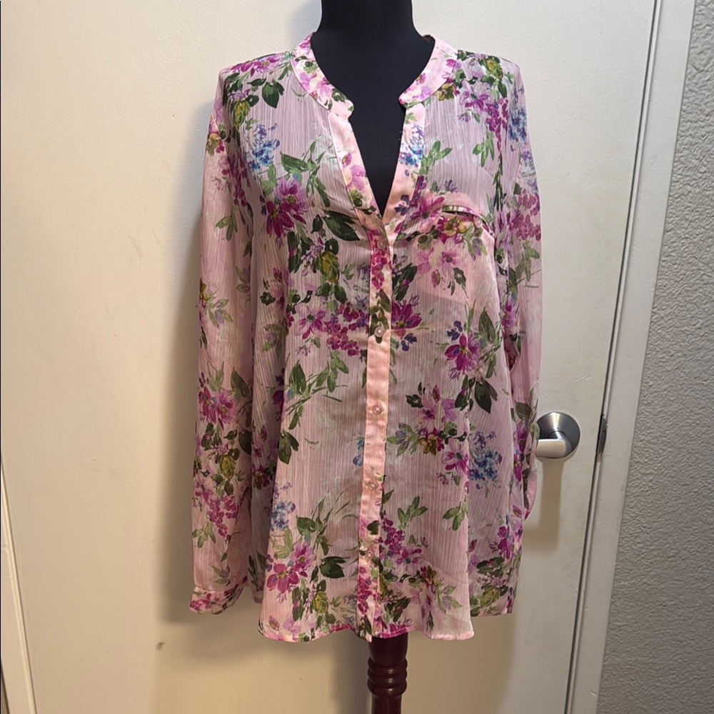 Kut from the Kloth Pink Ruffled Blouse with Mandarin Collar